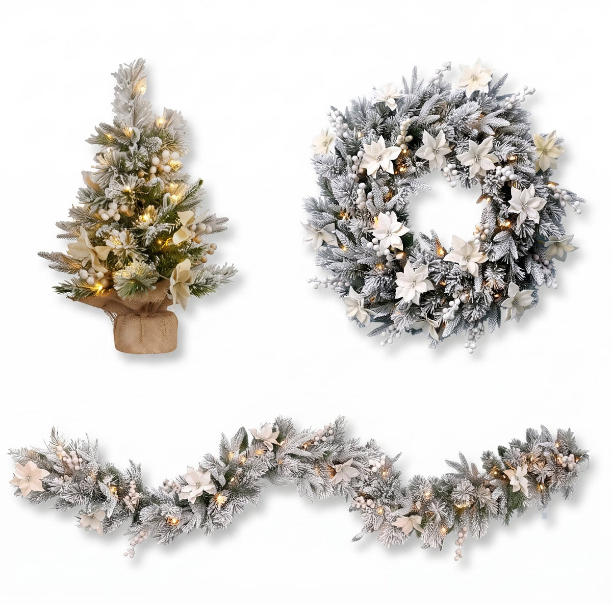 Christabelle Frosted Colonial Christmas 3pc Set 61cm Tree 61cm Wreath 2.7m Garland with LED Lights Holiday Pre-lit Decor