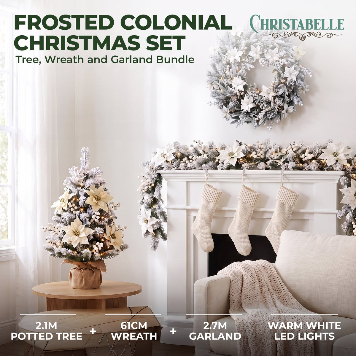 Christabelle Frosted Colonial Christmas 3pc Set 2.1m Tree 61cm Wreath 2.7m Garland with LED Lights Holiday Decor