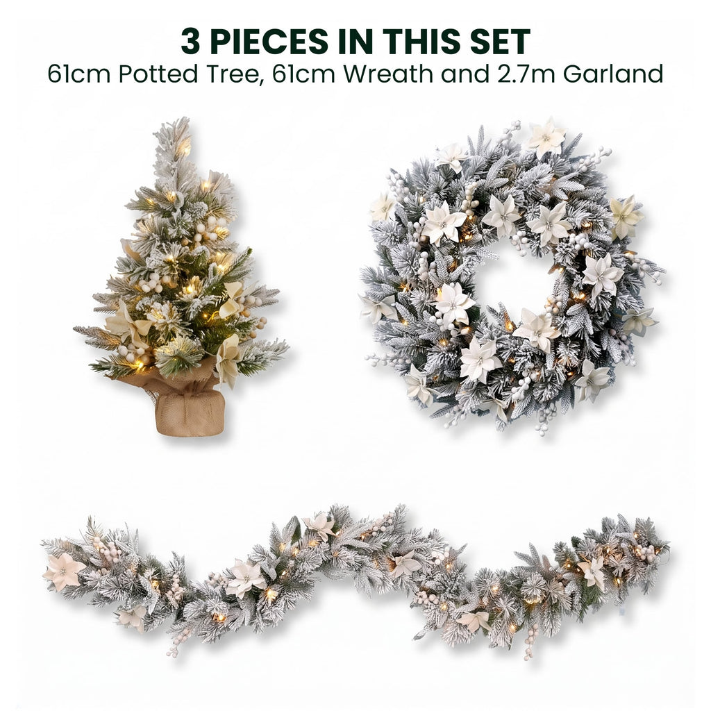 Christabelle Frosted Colonial Christmas 3pc Set 2.1m Tree 61cm Wreath 2.7m Garland with LED Lights Holiday Decor
