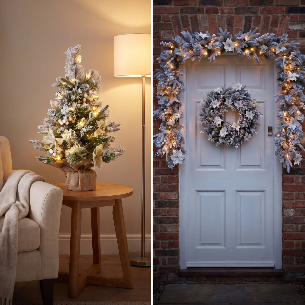 Christabelle Frosted Colonial Christmas 3pc Set 2.1m Tree 61cm Wreath 2.7m Garland with LED Lights Holiday Decor