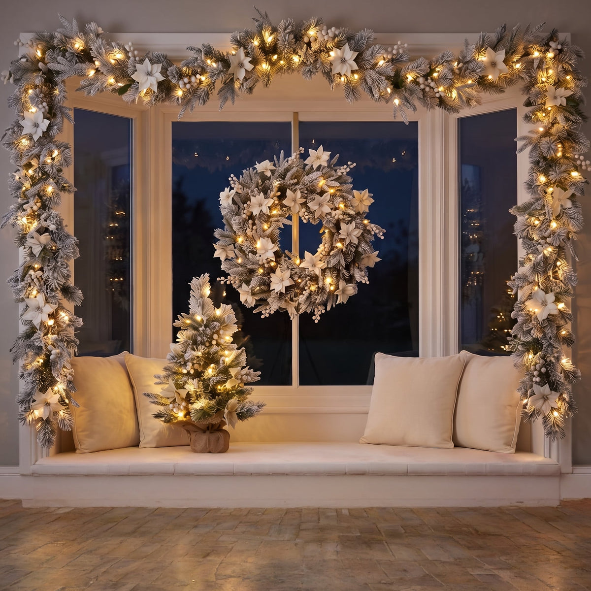 Christabelle Frosted Colonial Christmas 3pc Set 2.1m Tree 61cm Wreath 2.7m Garland with LED Lights Holiday Decor