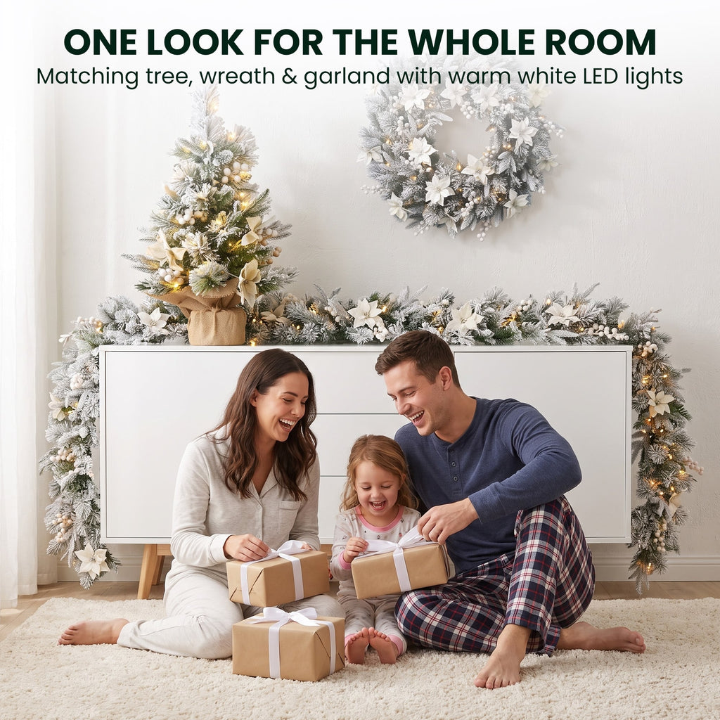 Christabelle Frosted Colonial Christmas 3pc Set 2.1m Tree 61cm Wreath 2.7m Garland with LED Lights Holiday Decor
