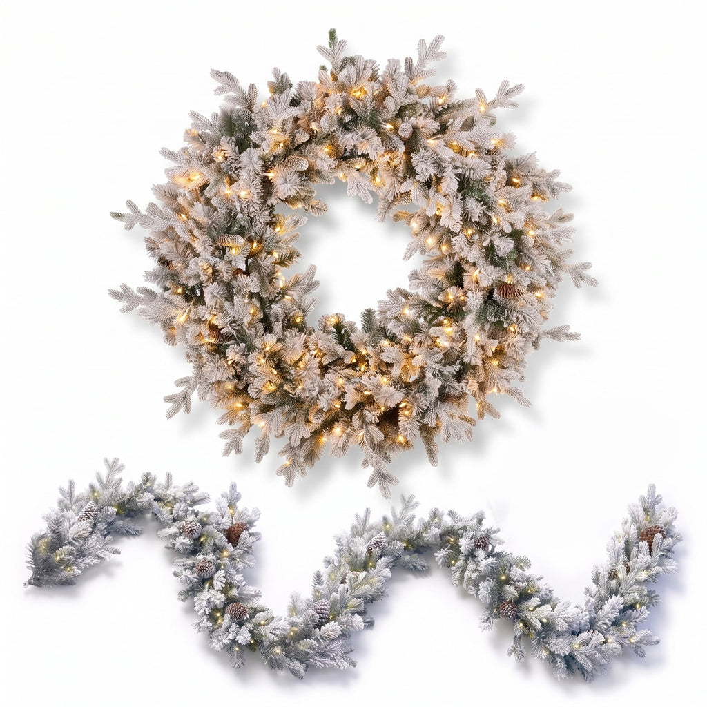 Christabelle Snowy Dorchester Christmas 2pc Set 1.2m Large Christmas Wreath and Garland with LED Lights Holiday Decor