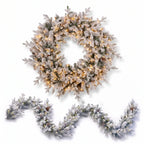 Christabelle Snowy Dorchester Christmas 2pc Set 1.2m Large Christmas Wreath and Garland with LED Lights Holiday Decor