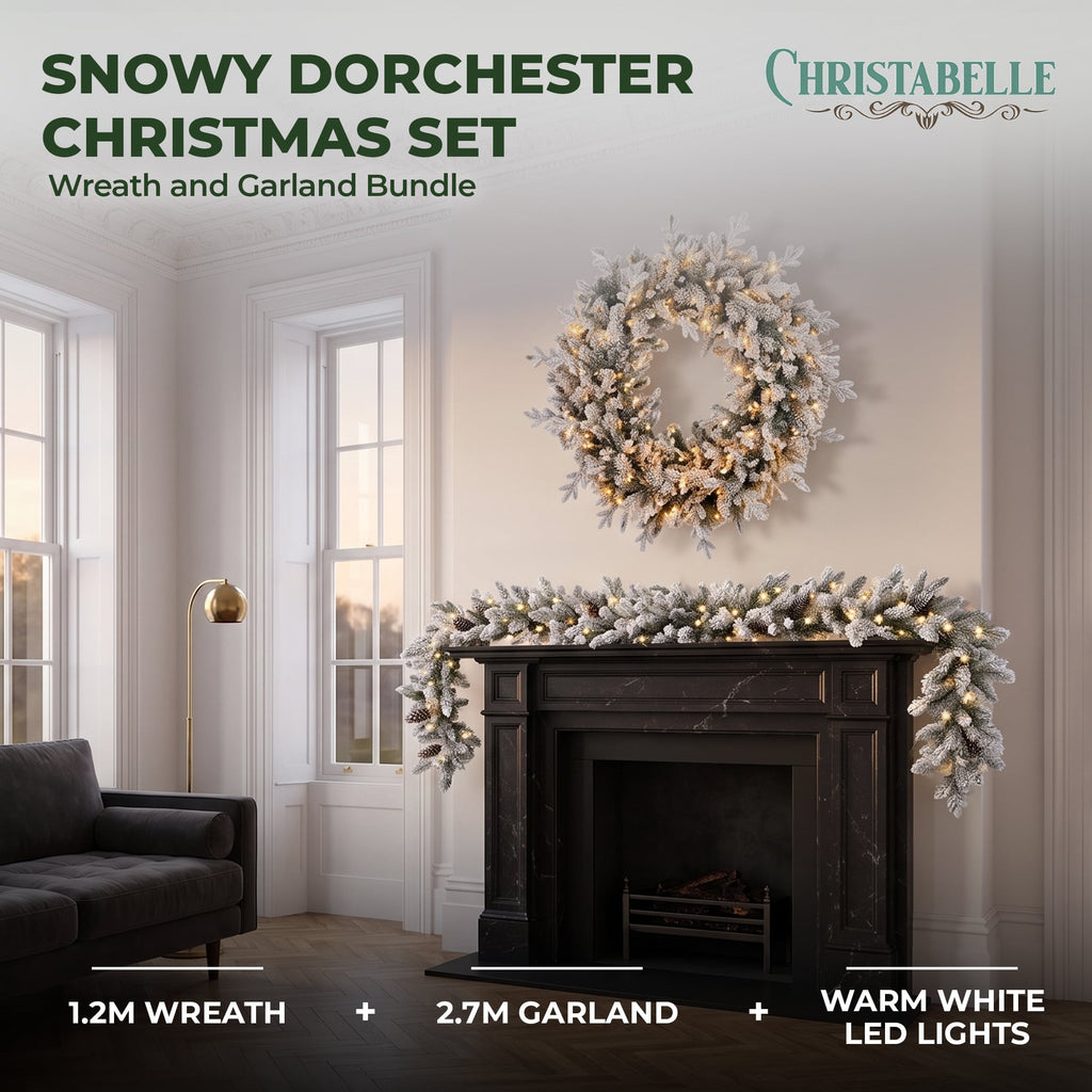 Christabelle Snowy Dorchester Christmas 2pc Set 1.2m Large Christmas Wreath and Garland with LED Lights Holiday Decor
