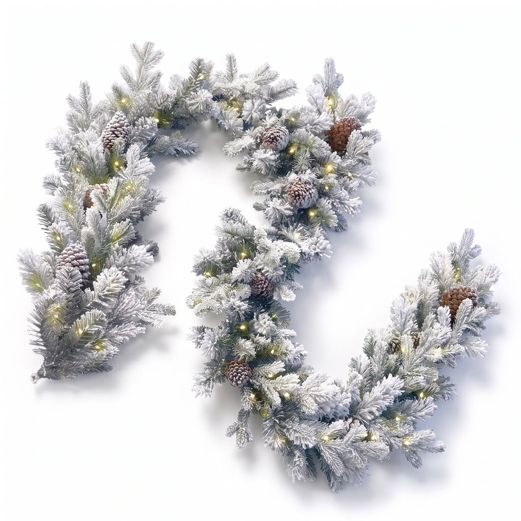 Christabelle Snowy Dorchester Christmas 2pc Set 1.2m Large Christmas Wreath and Garland with LED Lights Holiday Decor