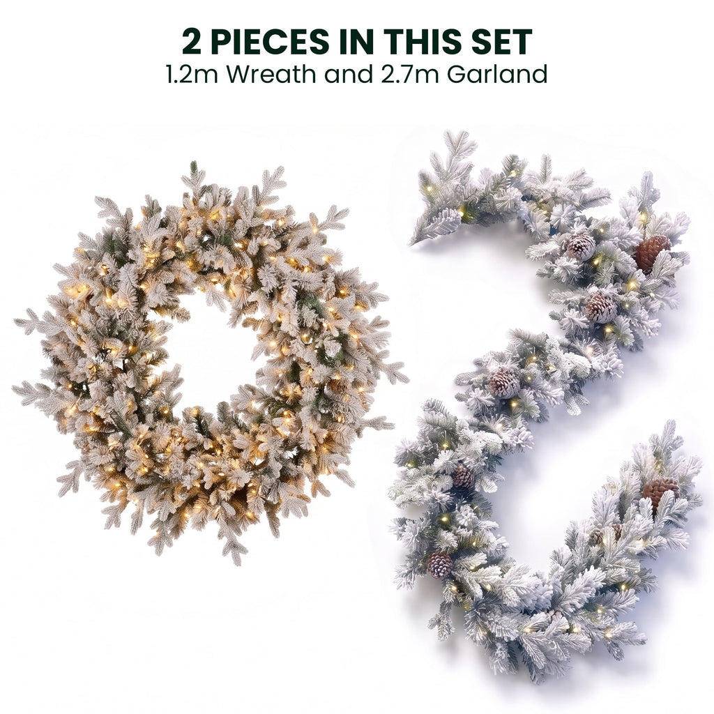 Christabelle Snowy Dorchester Christmas 2pc Set 1.2m Large Christmas Wreath and Garland with LED Lights Holiday Decor