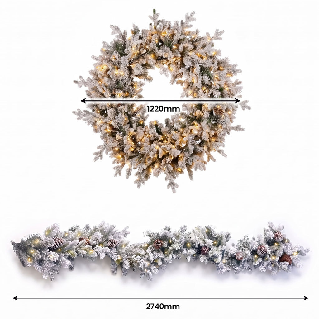 Christabelle Snowy Dorchester Christmas 2pc Set 1.2m Large Christmas Wreath and Garland with LED Lights Holiday Decor