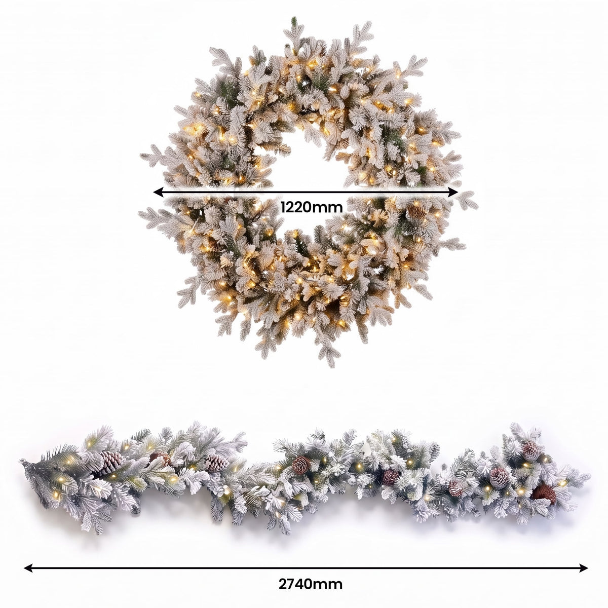 Christabelle Snowy Dorchester Christmas 2pc Set 1.2m Large Christmas Wreath and Garland with LED Lights Holiday Decor