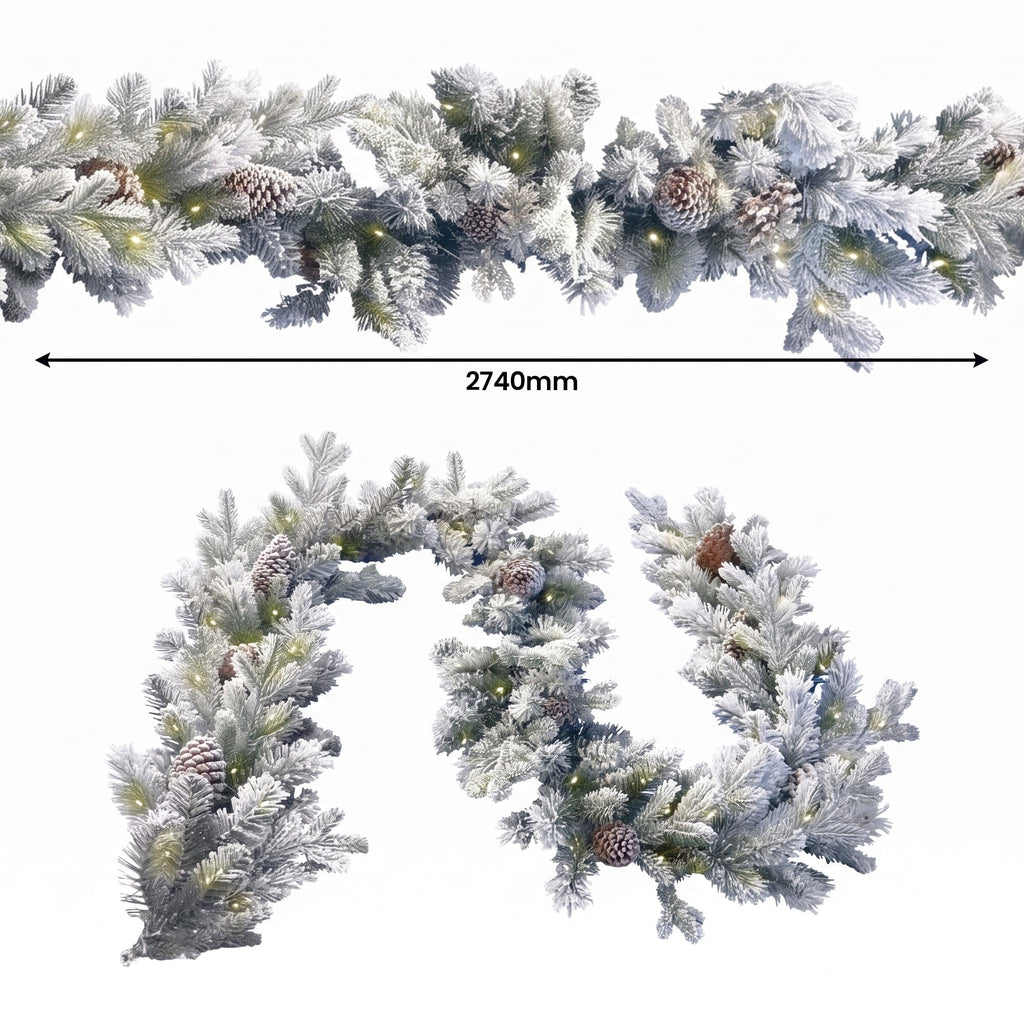 Christabelle Snowy Dorchester Christmas 2pc Set 1.2m Large Christmas Wreath and Garland with LED Lights Holiday Decor
