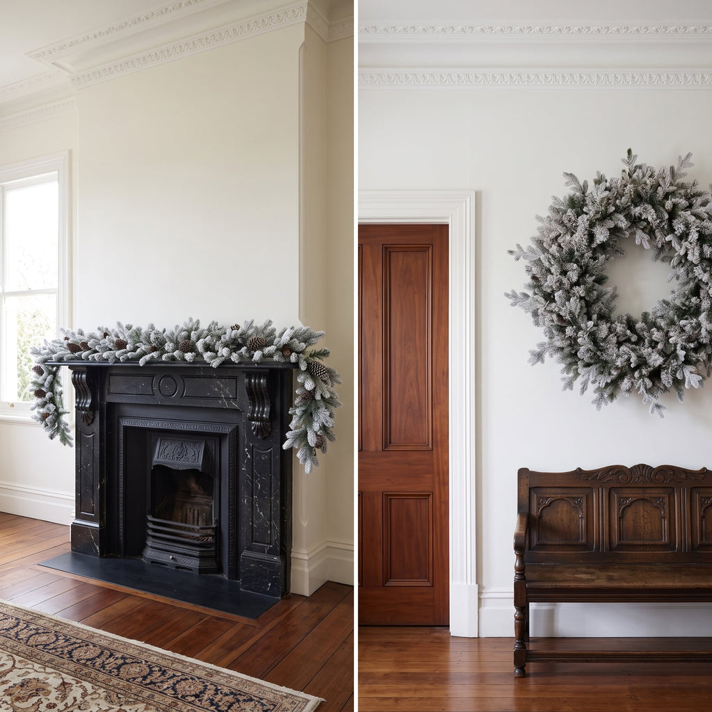 Christabelle Snowy Dorchester Christmas 2pc Set 1.2m Large Christmas Wreath and Garland with LED Lights Holiday Decor