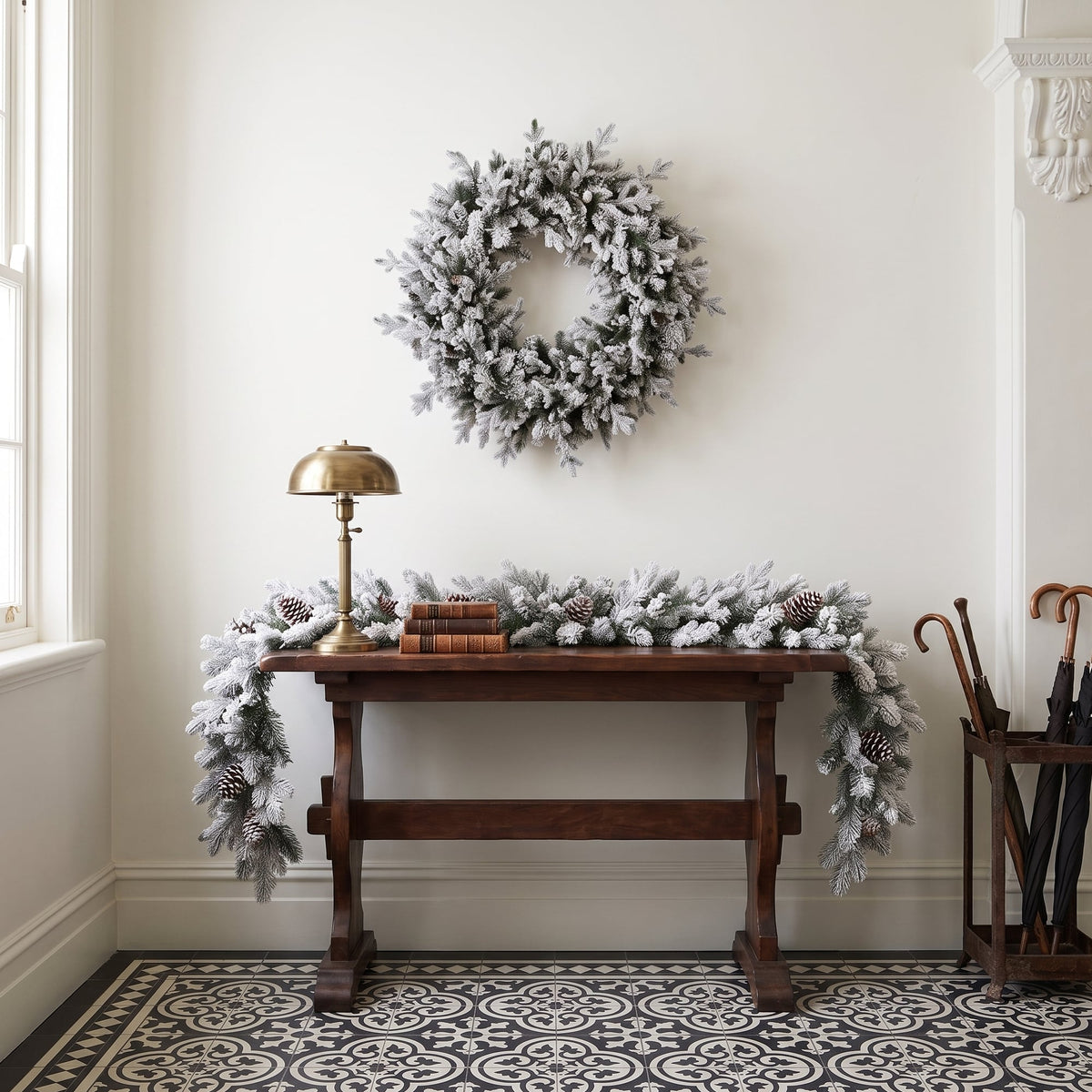 Christabelle Snowy Dorchester Christmas 2pc Set 1.2m Large Christmas Wreath and Garland with LED Lights Holiday Decor