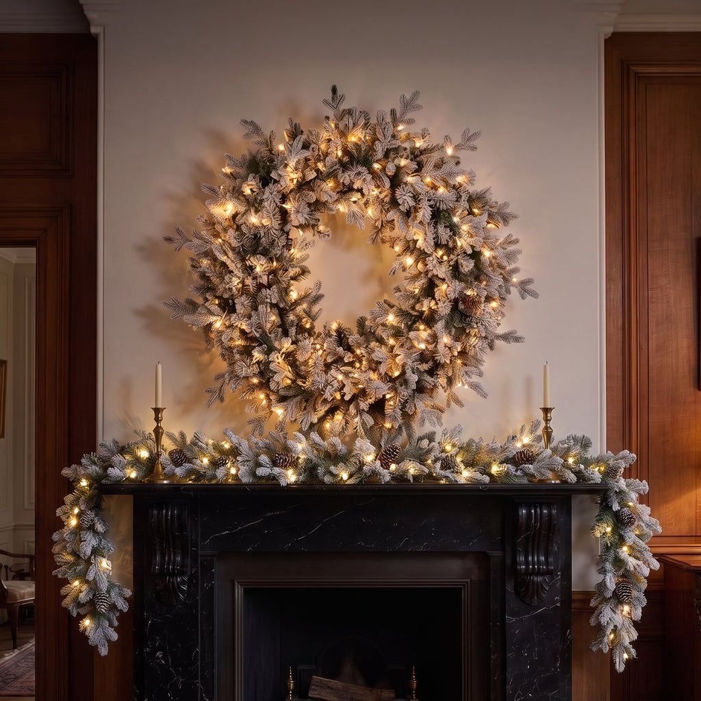 Christabelle Snowy Dorchester Christmas 2pc Set 1.2m Large Christmas Wreath and Garland with LED Lights Holiday Decor
