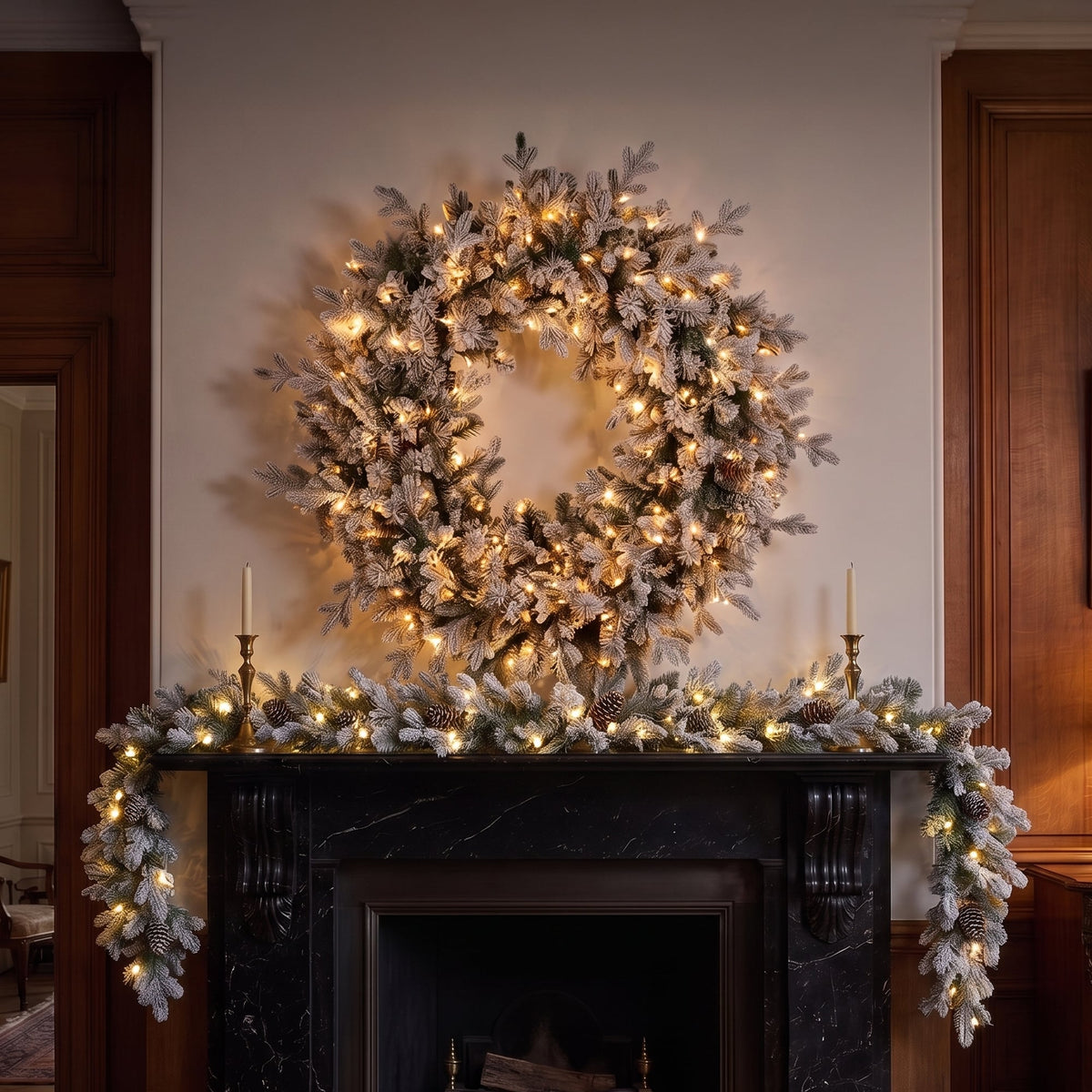 Christabelle Snowy Dorchester Christmas 2pc Set 1.2m Large Christmas Wreath and Garland with LED Lights Holiday Decor