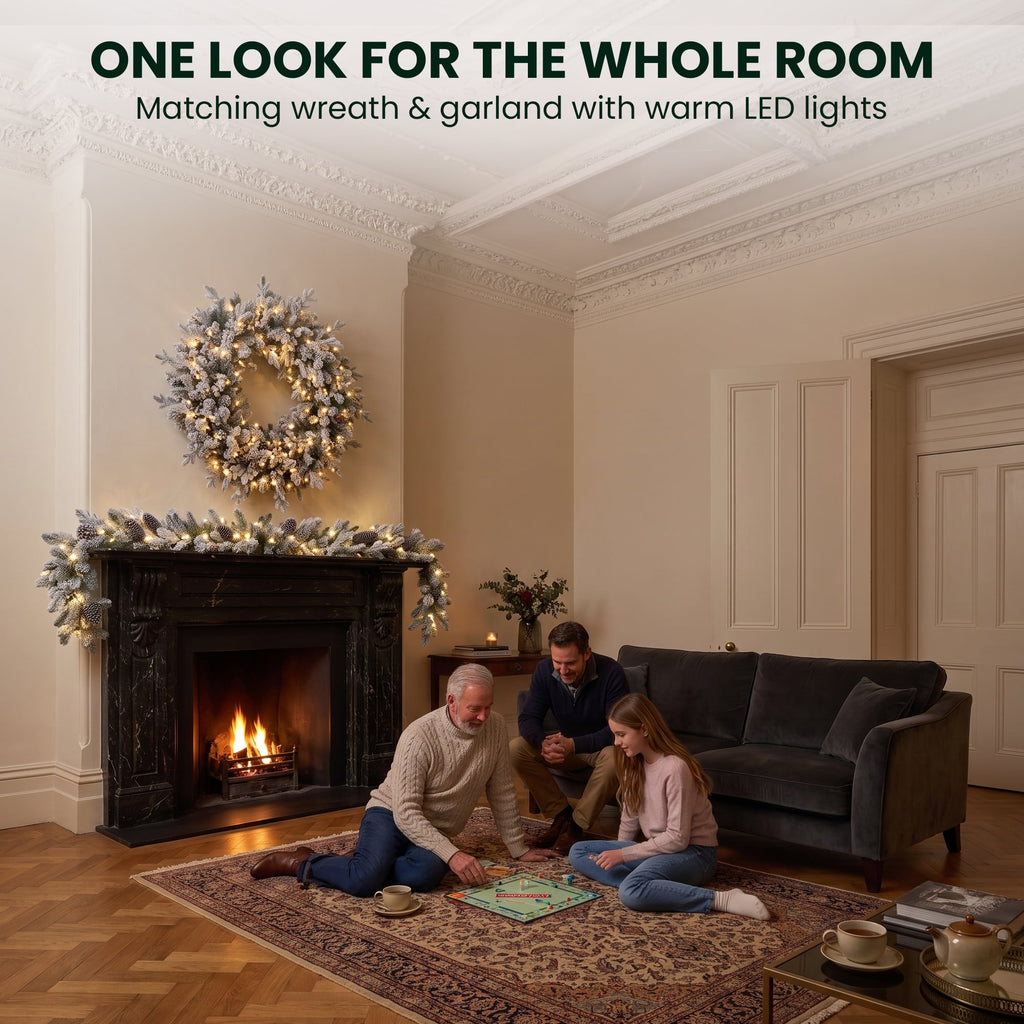 Christabelle Snowy Dorchester Christmas 2pc Set 1.2m Large Christmas Wreath and Garland with LED Lights Holiday Decor