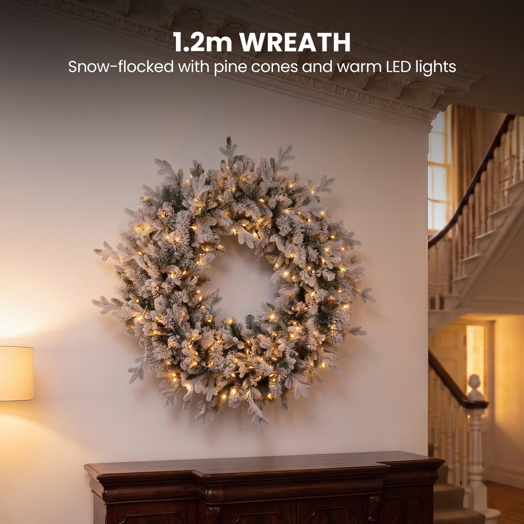 Christabelle Snowy Dorchester Christmas 2pc Set 1.2m Large Christmas Wreath and Garland with LED Lights Holiday Decor