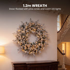 Christabelle Snowy Dorchester Christmas 2pc Set 1.2m Large Christmas Wreath and Garland with LED Lights Holiday Decor