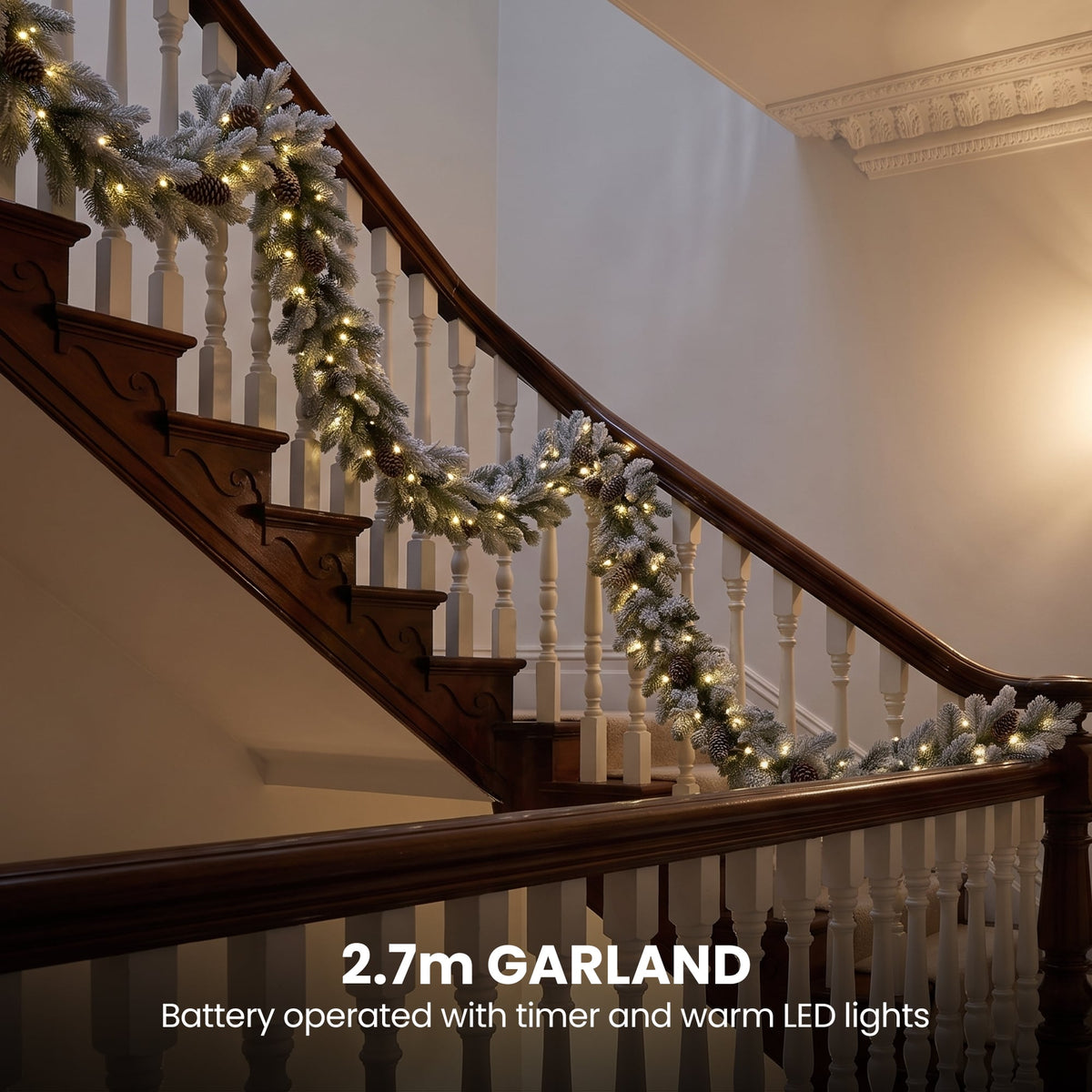 Christabelle Snowy Dorchester Christmas 2pc Set 1.2m Large Christmas Wreath and Garland with LED Lights Holiday Decor