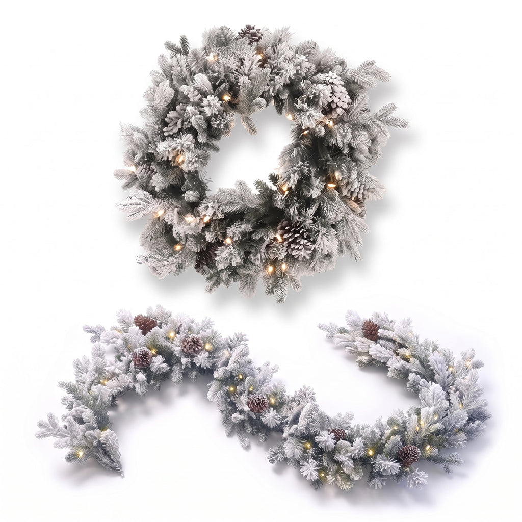 Christabelle Snowy Dorchester Christmas 2pc Set 61cm Christmas Wreath and Garland with LED Lights Holiday Decor