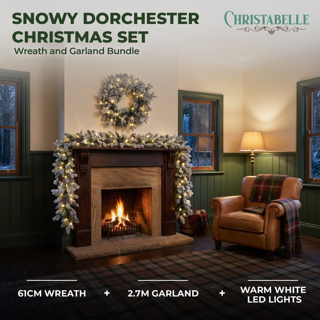 Christabelle Snowy Dorchester Christmas 2pc Set 61cm Christmas Wreath and Garland with LED Lights Holiday Decor