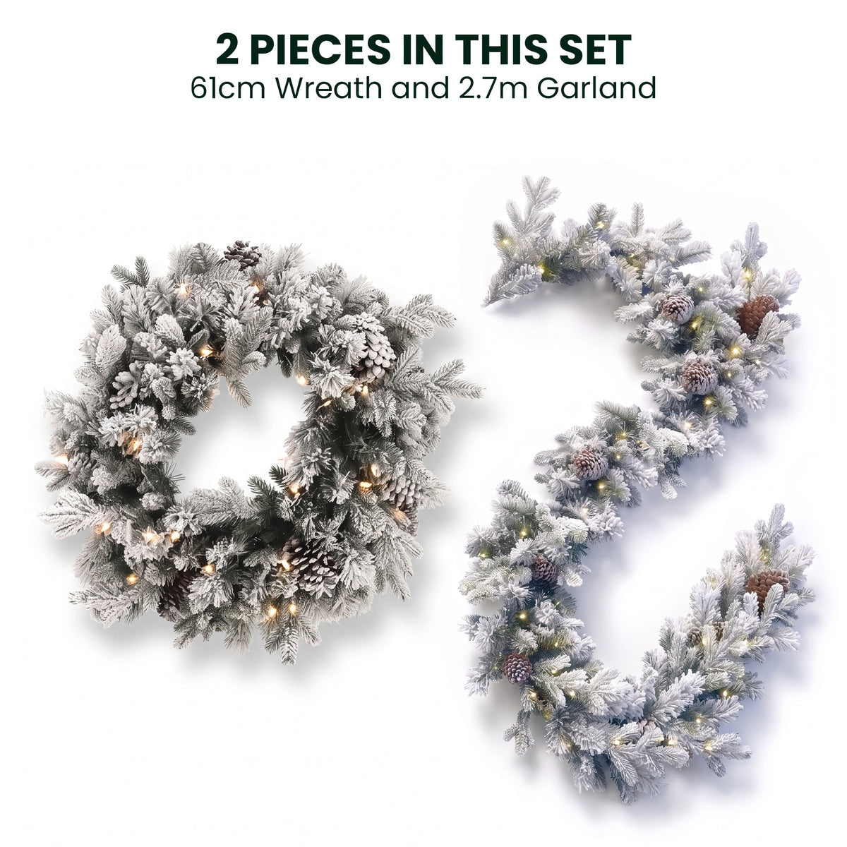 Christabelle Snowy Dorchester Christmas 2pc Set 61cm Christmas Wreath and Garland with LED Lights Holiday Decor