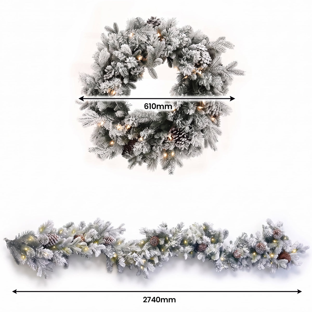 Christabelle Snowy Dorchester Christmas 2pc Set 61cm Christmas Wreath and Garland with LED Lights Holiday Decor