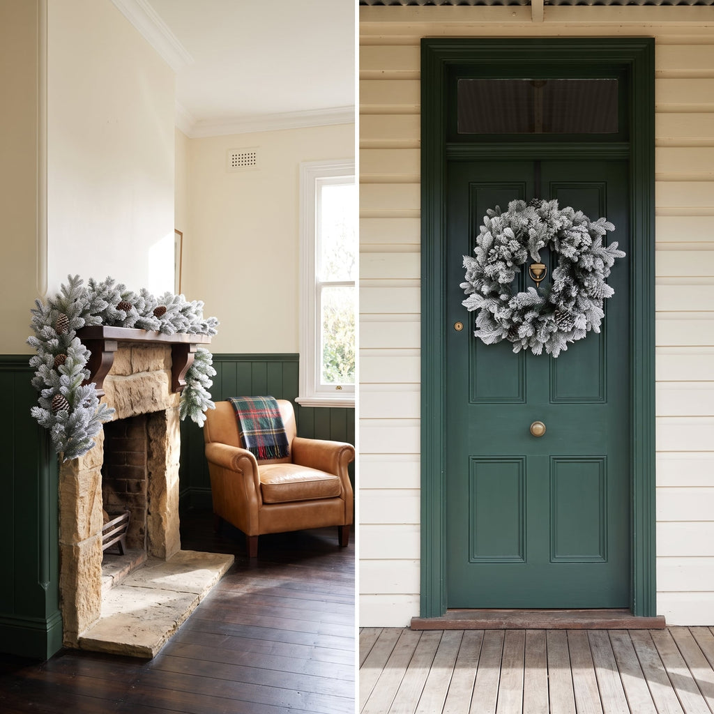 Christabelle Snowy Dorchester Christmas 2pc Set 61cm Christmas Wreath and Garland with LED Lights Holiday Decor