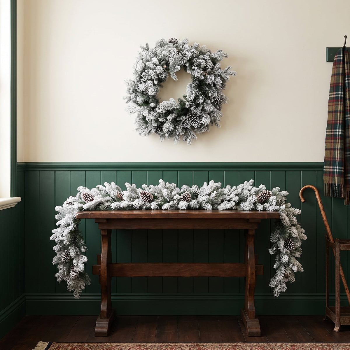 Christabelle Snowy Dorchester Christmas 2pc Set 61cm Christmas Wreath and Garland with LED Lights Holiday Decor