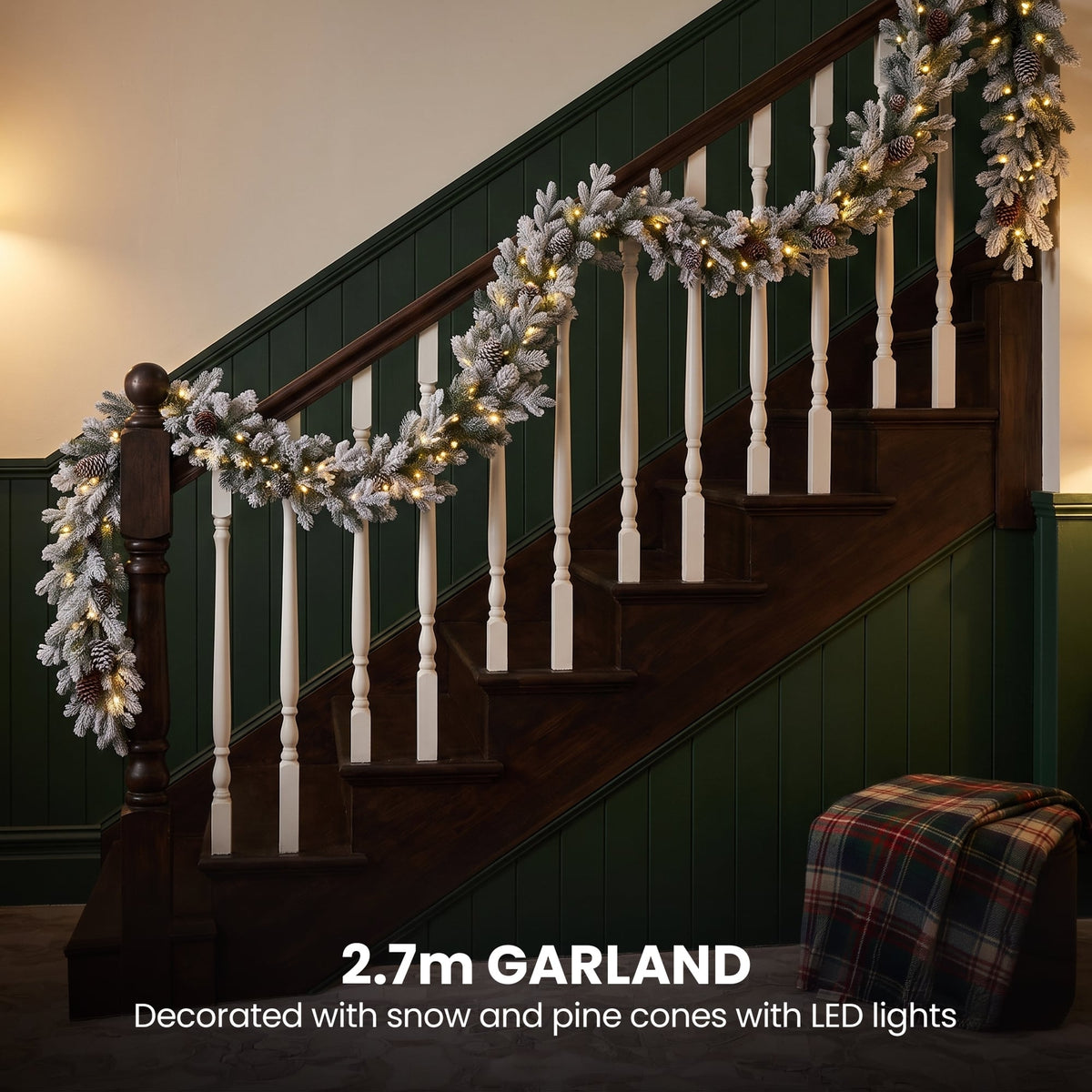 Christabelle Snowy Dorchester Christmas 2pc Set 61cm Christmas Wreath and Garland with LED Lights Holiday Decor