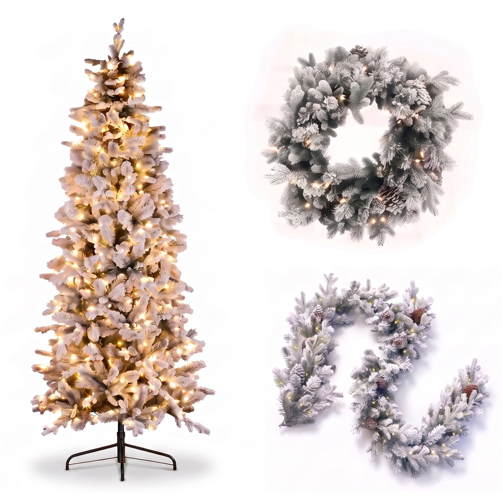 Christabelle Snowy Dorchester Pencil 7.5ft Pre-lit Tree 61cm Wreath 2.7m Garland with LED Lights Holiday Home Decoration