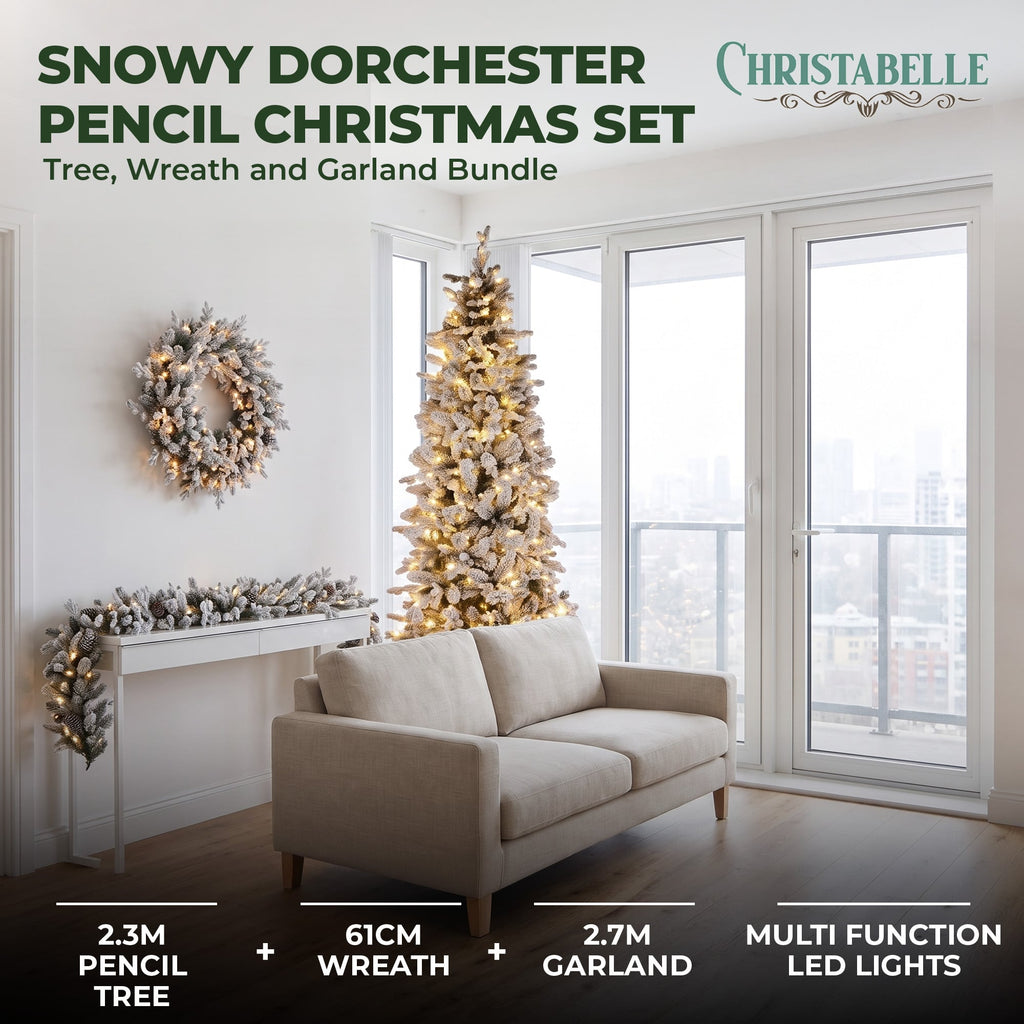 Christabelle Snowy Dorchester Pencil 7.5ft Pre-lit Tree 61cm Wreath 2.7m Garland with LED Lights Holiday Home Decoration