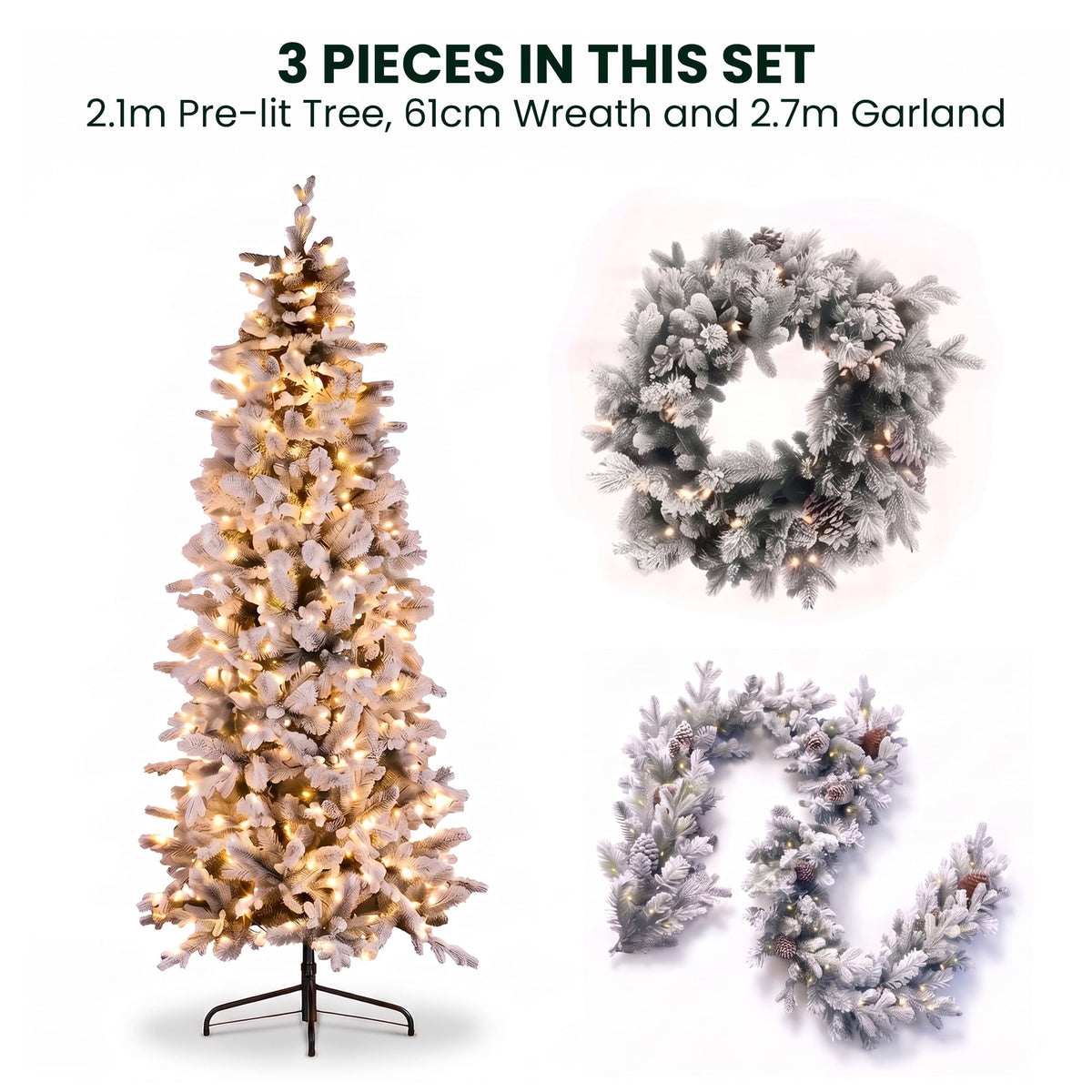 Christabelle Snowy Dorchester Pencil 7.5ft Pre-lit Tree 61cm Wreath 2.7m Garland with LED Lights Holiday Home Decoration