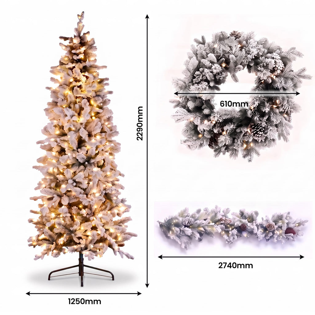 Christabelle Snowy Dorchester Pencil 7.5ft Pre-lit Tree 61cm Wreath 2.7m Garland with LED Lights Holiday Home Decoration