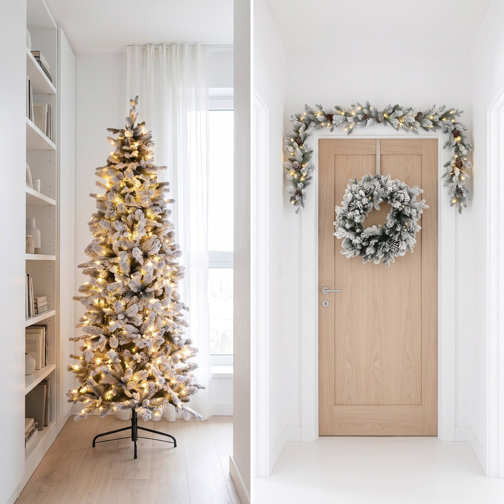 Christabelle Snowy Dorchester Pencil 7.5ft Pre-lit Tree 61cm Wreath 2.7m Garland with LED Lights Holiday Home Decoration