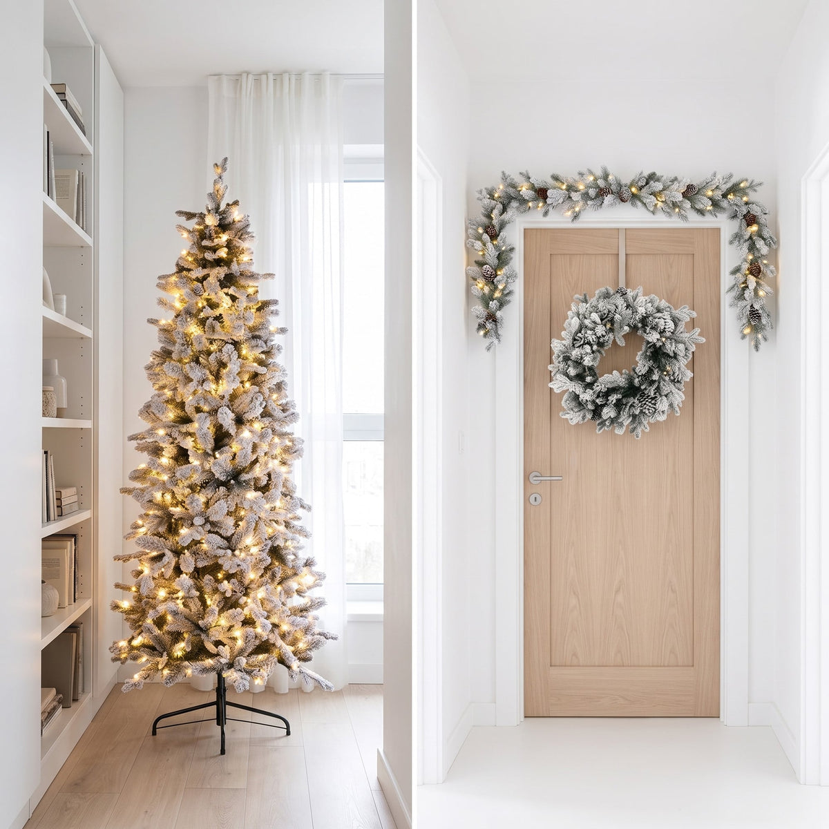 Christabelle Snowy Dorchester Pencil 7.5ft Pre-lit Tree 61cm Wreath 2.7m Garland with LED Lights Holiday Home Decoration
