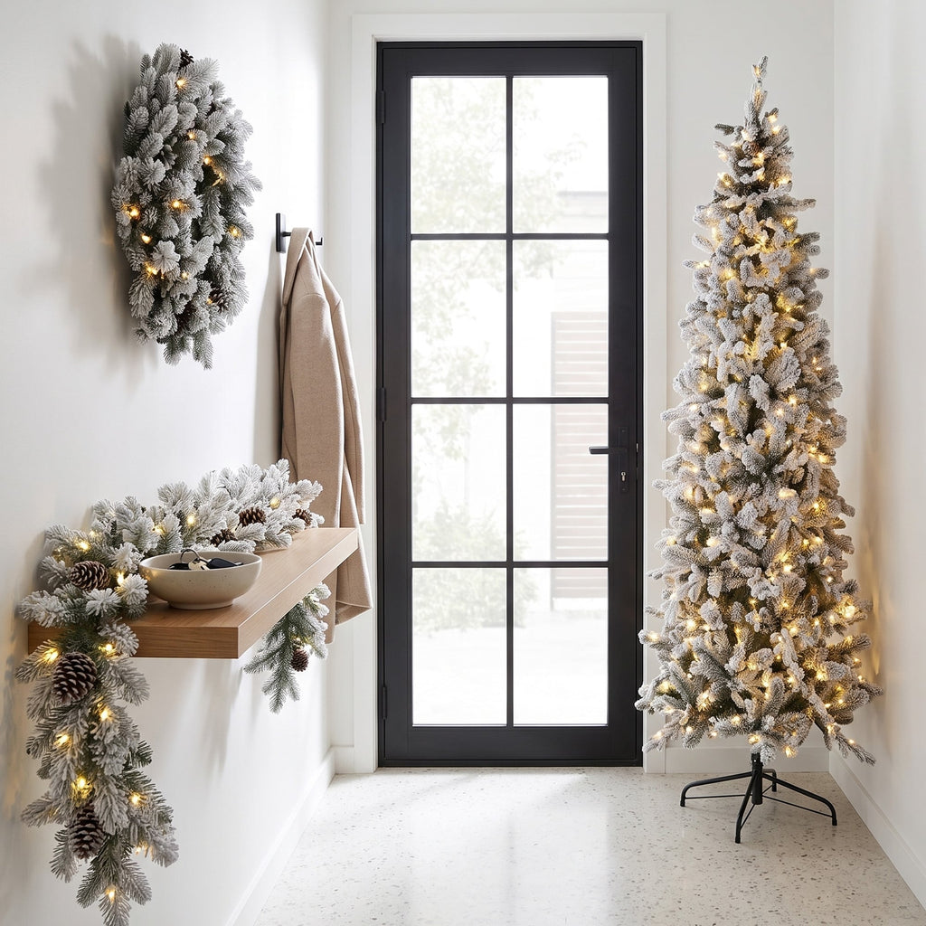 Christabelle Snowy Dorchester Pencil 7.5ft Pre-lit Tree 61cm Wreath 2.7m Garland with LED Lights Holiday Home Decoration