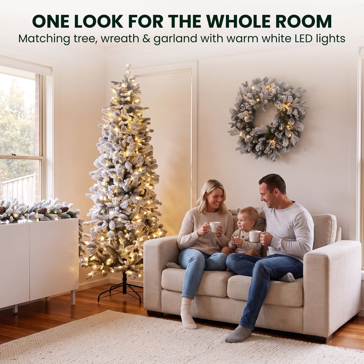 Christabelle Snowy Dorchester Pencil 7.5ft Pre-lit Tree 61cm Wreath 2.7m Garland with LED Lights Holiday Home Decoration