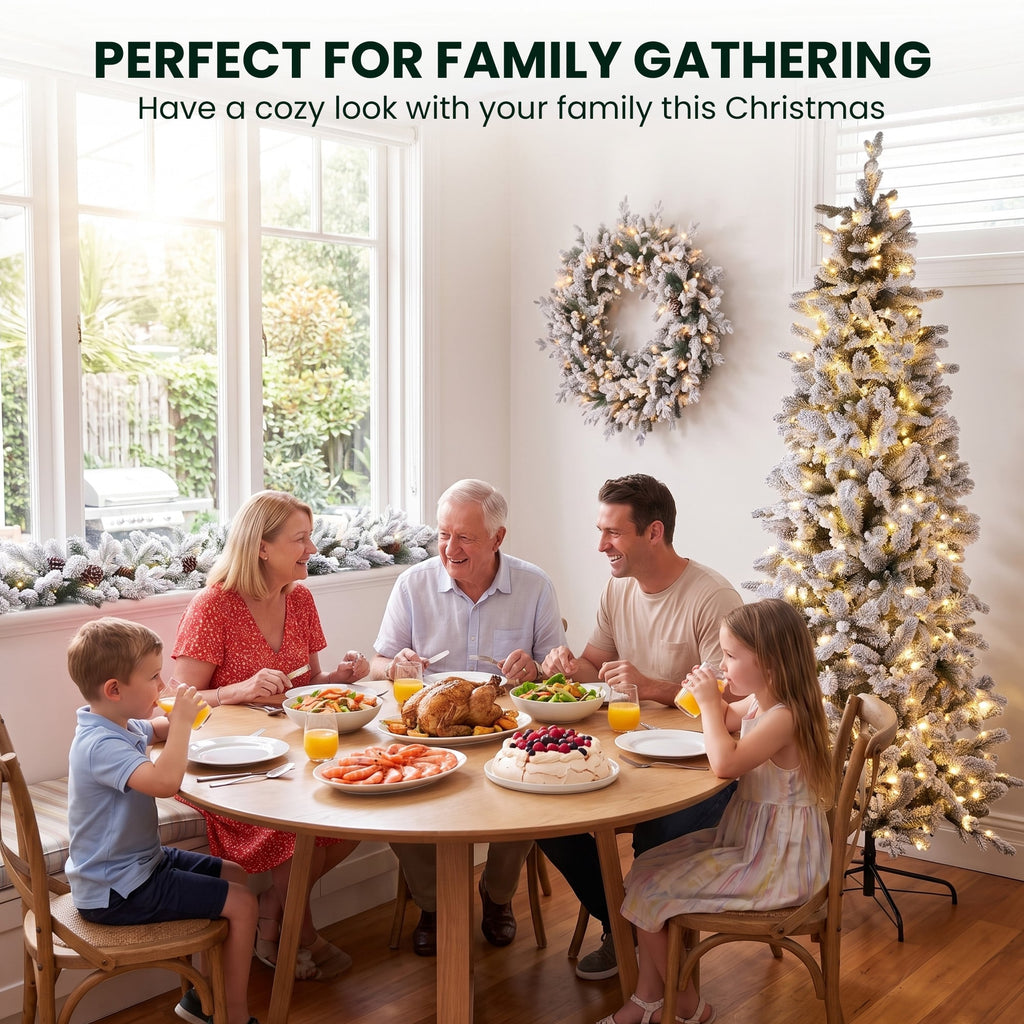 Christabelle Snowy Dorchester Pencil 7.5ft Pre-lit Tree 61cm Wreath 2.7m Garland with LED Lights Holiday Home Decoration