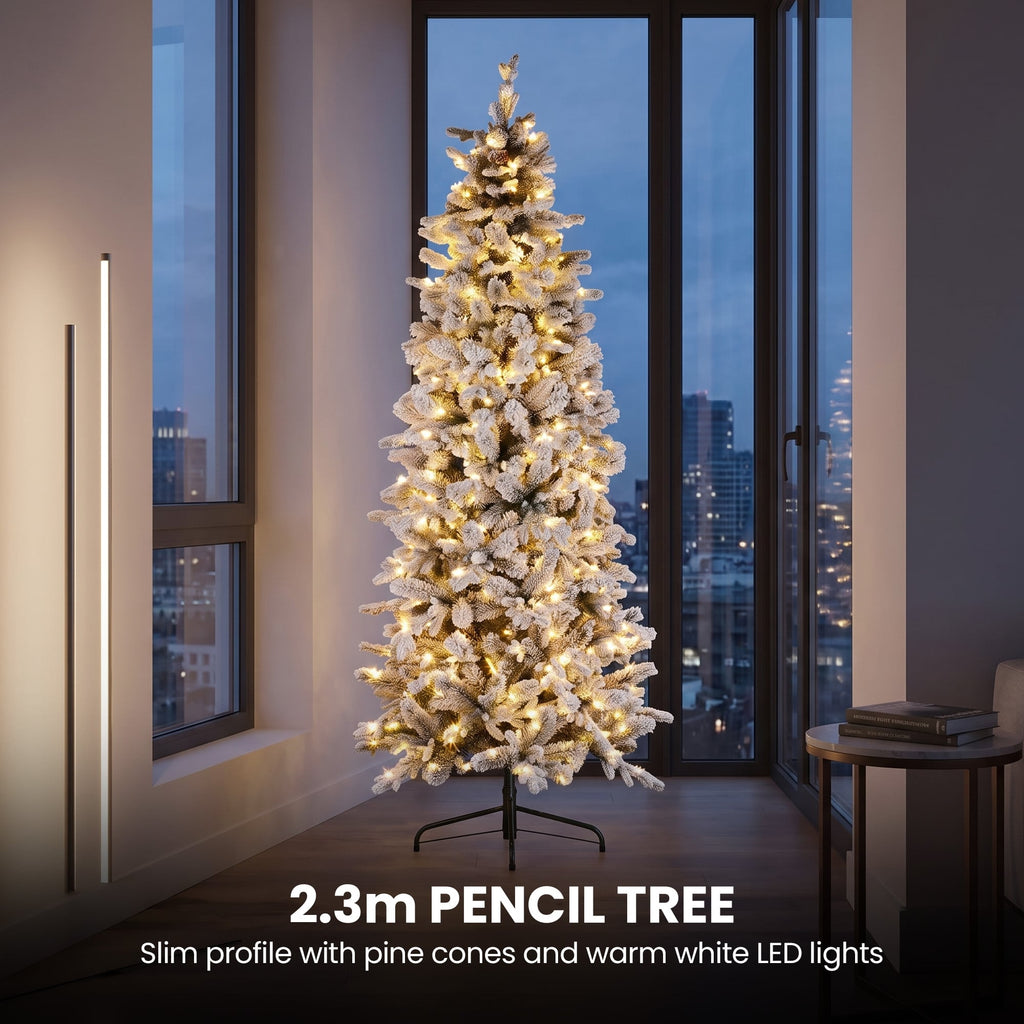 Christabelle Snowy Dorchester Pencil 7.5ft Pre-lit Tree 61cm Wreath 2.7m Garland with LED Lights Holiday Home Decoration