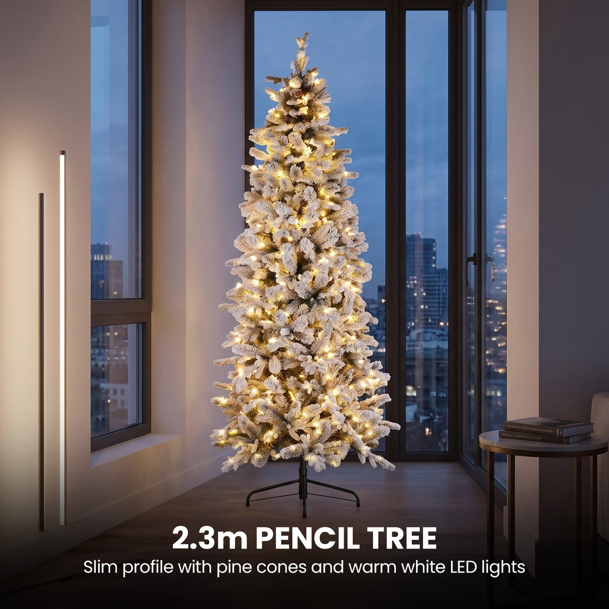 Christabelle Snowy Dorchester Pencil 7.5ft Pre-lit Tree 61cm Wreath 2.7m Garland with LED Lights Holiday Home Decoration