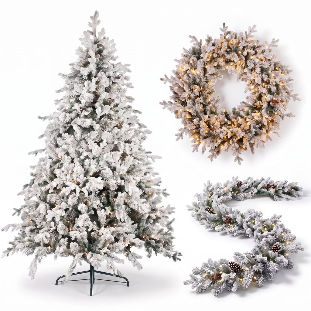 Christabelle Snowy Dorchester Pre-Lit Christmas Tree 9ft 2.7m, Flocked LED Wreath 1.2m or Garland with Pine Cones