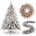 Christabelle Snowy Dorchester Pre-Lit Christmas Tree 9ft 2.7m, Flocked LED Wreath 1.2m or Garland with Pine Cones