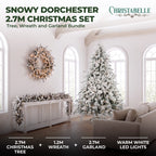 Christabelle Snowy Dorchester Pre-Lit Christmas Tree 9ft 2.7m, Flocked LED Wreath 1.2m or Garland with Pine Cones