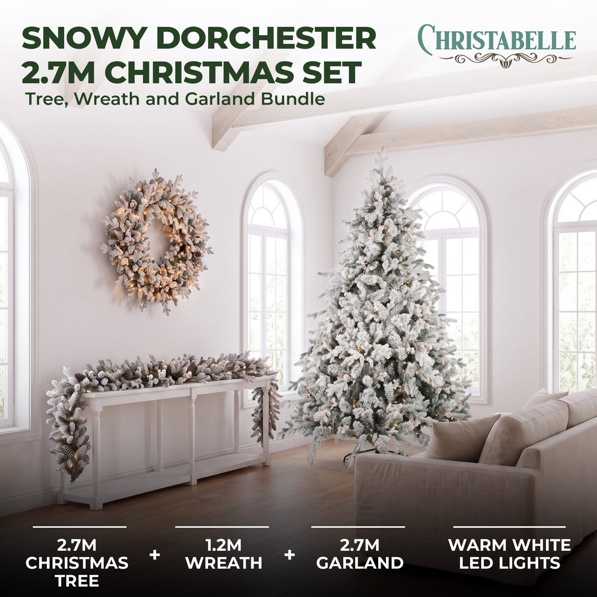 Christabelle Snowy Dorchester Pre-Lit Christmas Tree 9ft 2.7m, Flocked LED Wreath 1.2m or Garland with Pine Cones