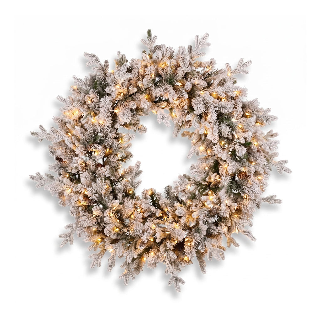 Christabelle Snowy Dorchester Pre-Lit Christmas Tree 9ft 2.7m, Flocked LED Wreath 1.2m or Garland with Pine Cones