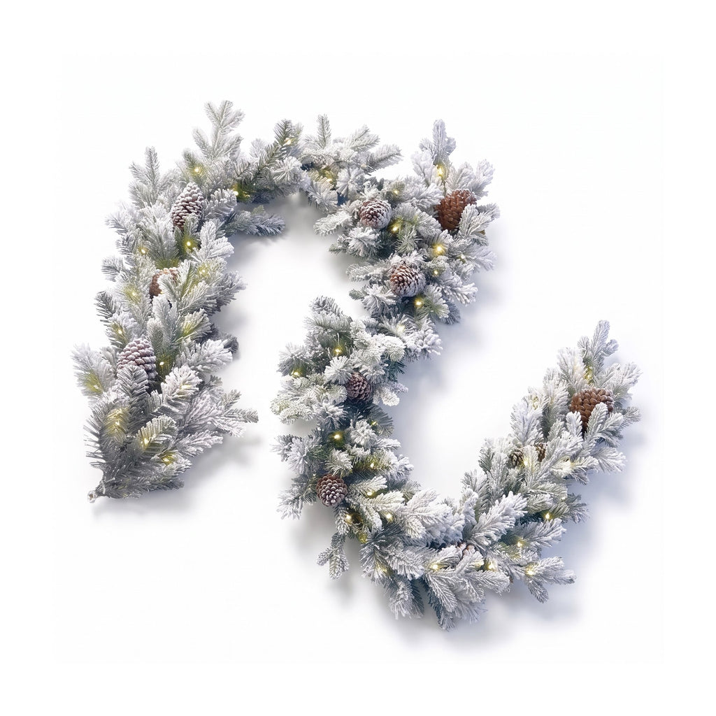Christabelle Snowy Dorchester Pre-Lit Christmas Tree 9ft 2.7m, Flocked LED Wreath 1.2m or Garland with Pine Cones