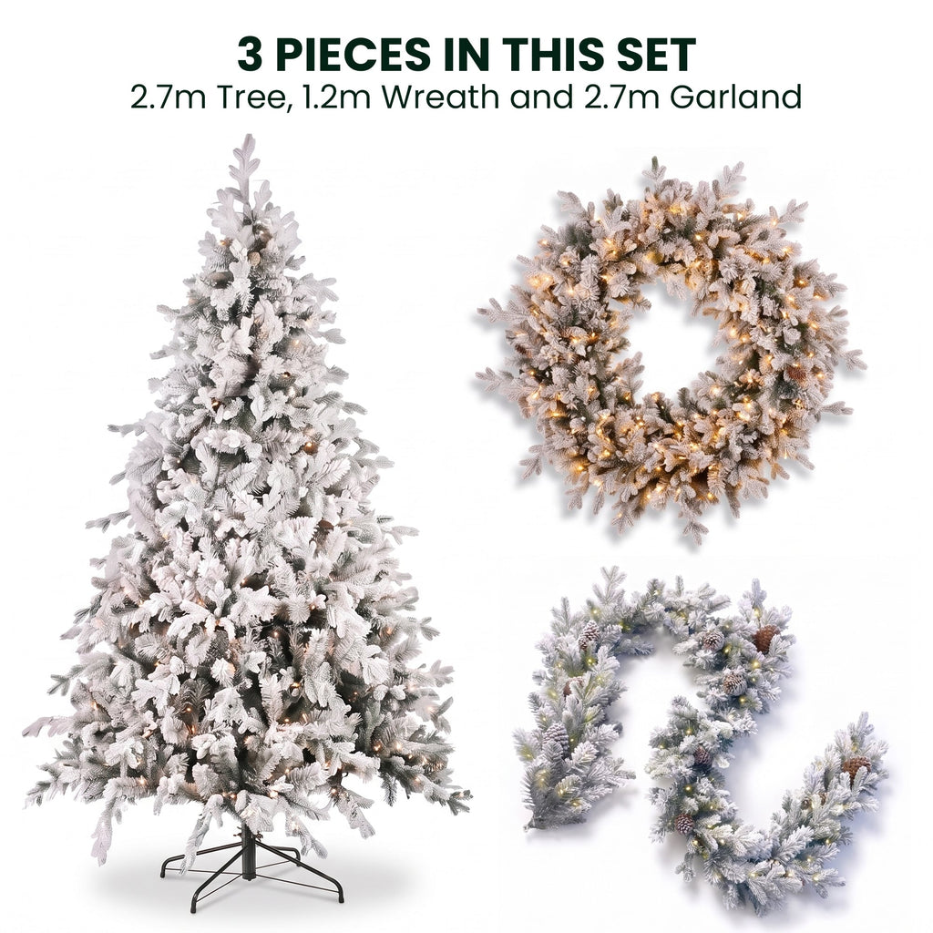 Christabelle Snowy Dorchester Pre-Lit Christmas Tree 9ft 2.7m, Flocked LED Wreath 1.2m or Garland with Pine Cones