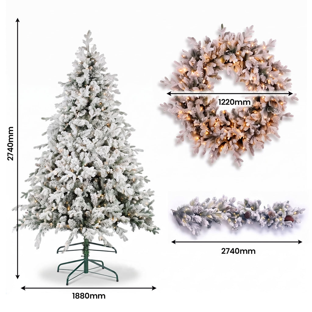 Christabelle Snowy Dorchester Pre-Lit Christmas Tree 9ft 2.7m, Flocked LED Wreath 1.2m or Garland with Pine Cones