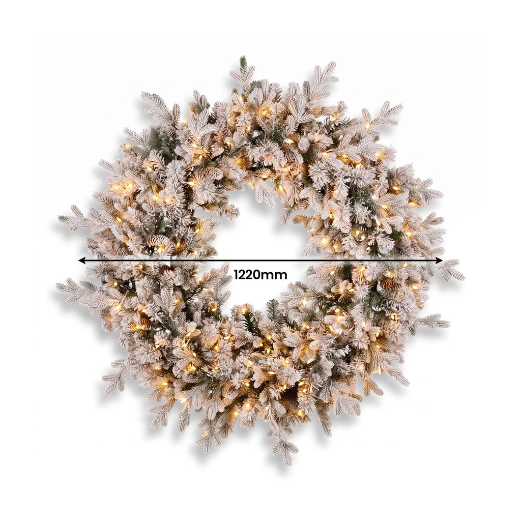 Christabelle Snowy Dorchester Pre-Lit Christmas Tree 9ft 2.7m, Flocked LED Wreath 1.2m or Garland with Pine Cones