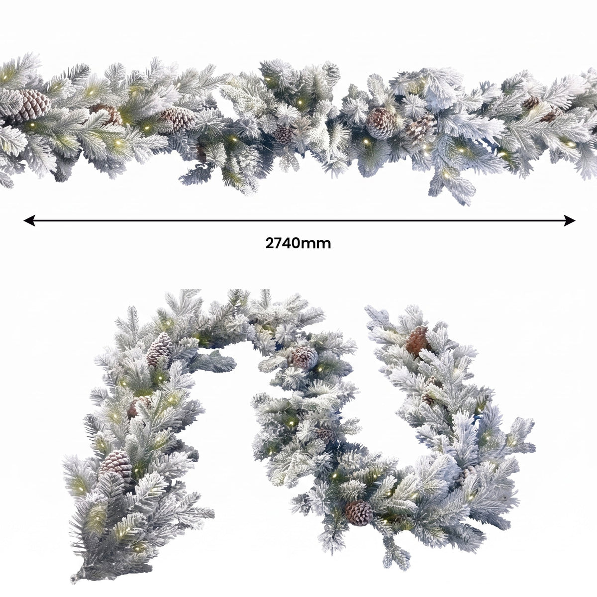 Christabelle Snowy Dorchester Pre-Lit Christmas Tree 9ft 2.7m, Flocked LED Wreath 1.2m or Garland with Pine Cones